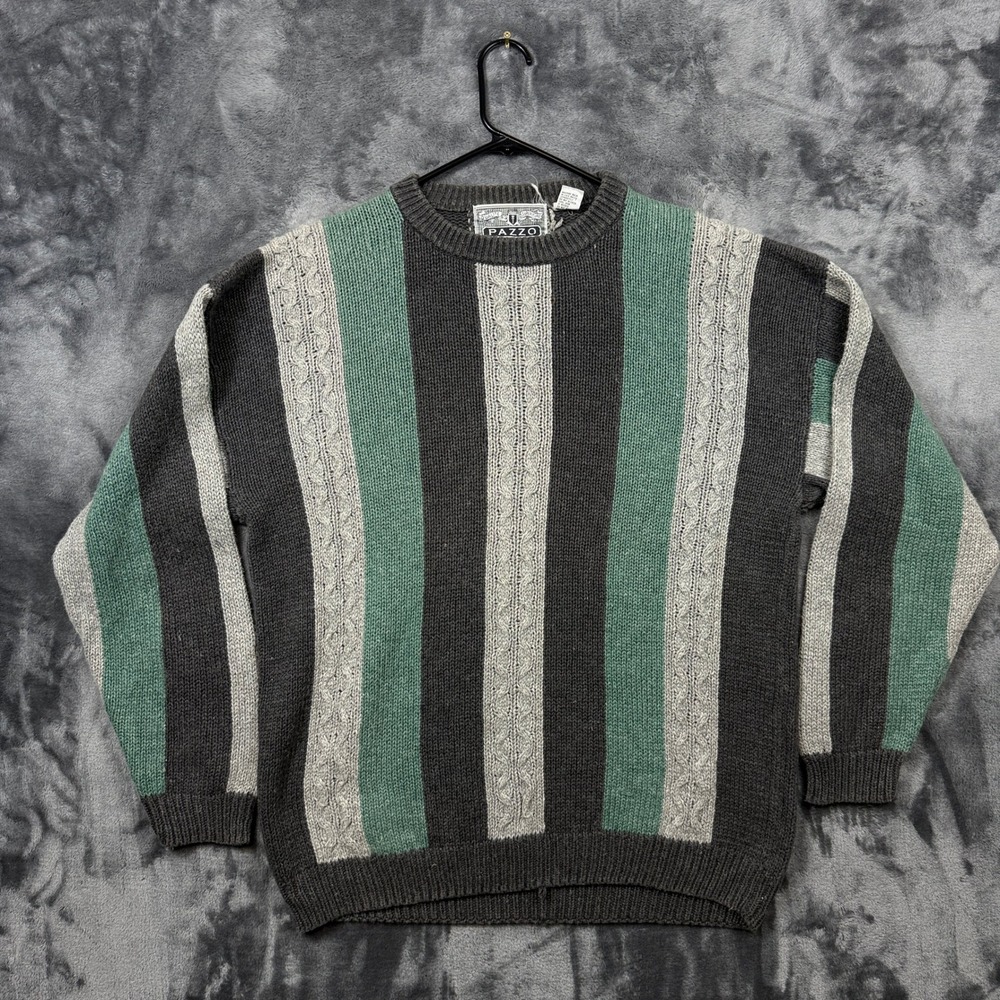 Pazzo Sweater Mens XL Grey Green Striped Cable Knit Crewneck Ramie Cotton